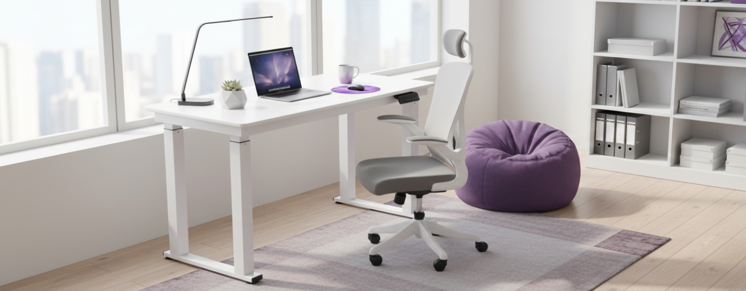 blat MDF Porcelain i białe biurko elektryczne