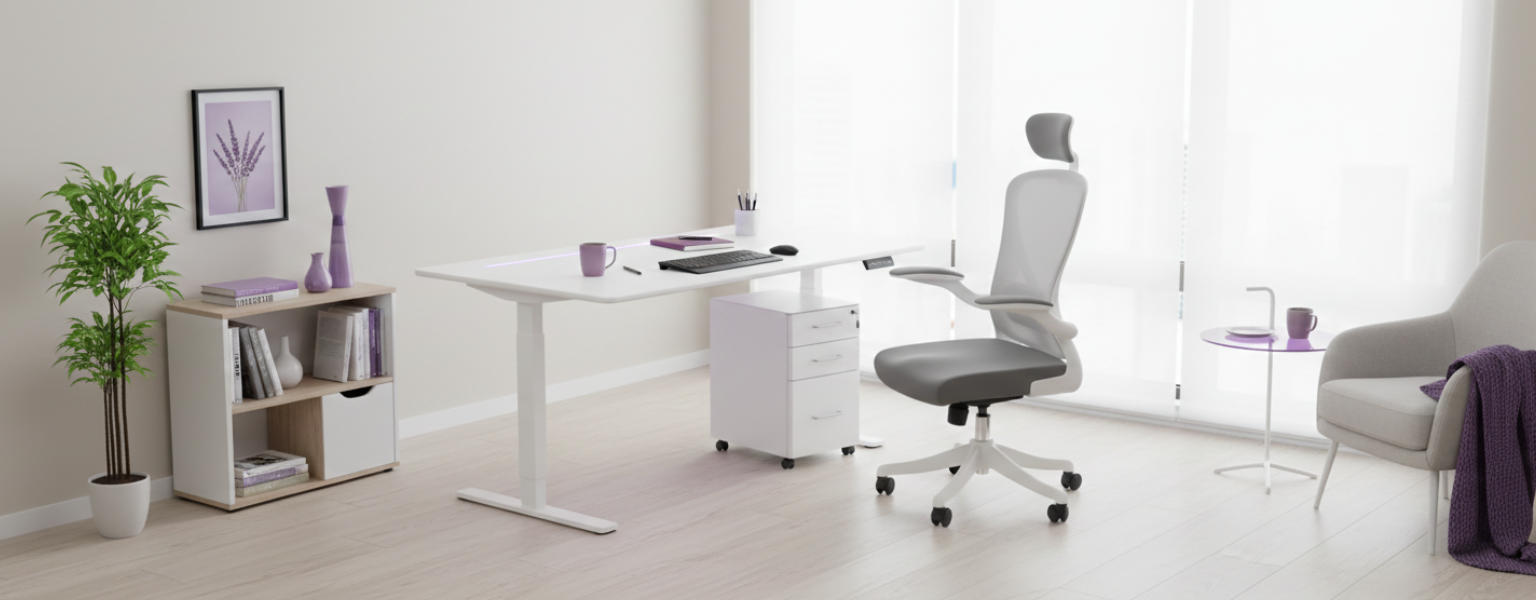 jasne stanowisko pracy: białe elementy i blat Porcelain