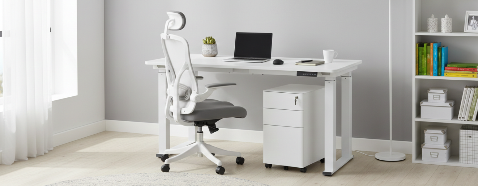 heller Arbeitsplatz: weiße Elemente und Tischplatte Porcelain