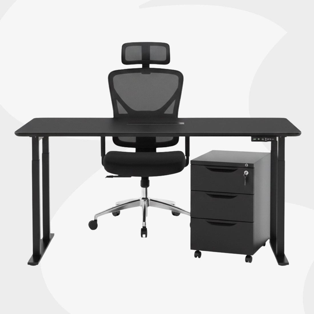 zestaw do biura: biurko elektryczne + fotel ergonomiczny + szafka podbiurkowa