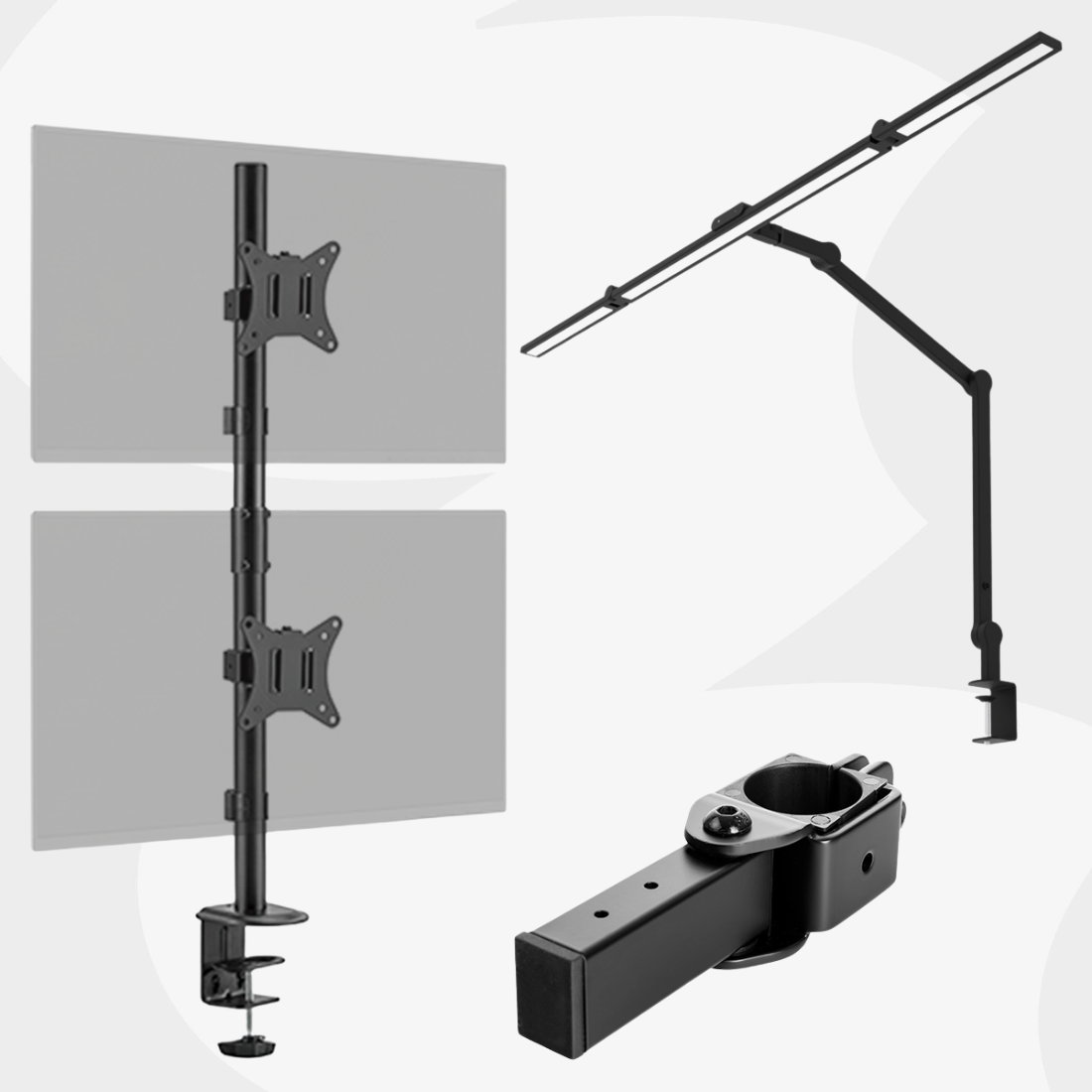 pionowy uchwyt na dwa monitory + lampa Glow + adapter