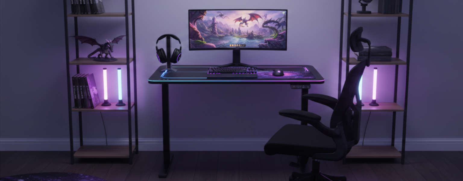 zestaw gamingowy biurko elektryczne RGB + fotel ergonomiczny ARON