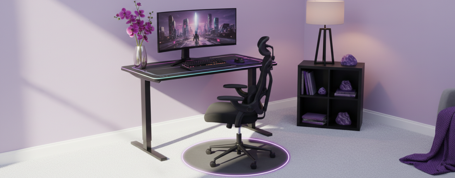 zestaw gamingowy biurko RGB regulowane elektrycznie + krzesło ergonomiczne DORIS 11 + mata RGB pod krzesło