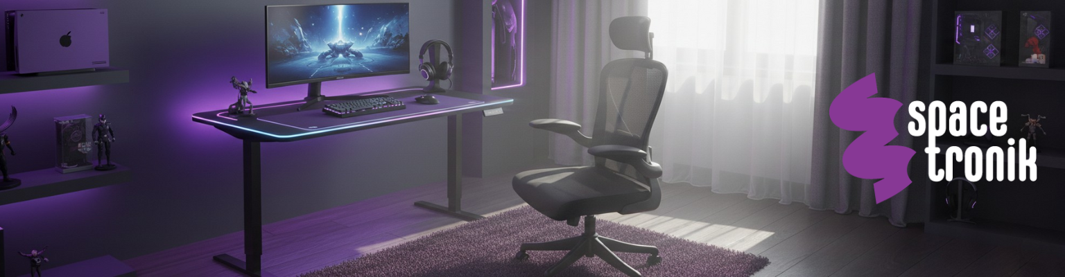 zestaw gamingowy biurko elektryczne RGB regulowane fotel ergonomiczny Spacetronik ARON mata ochronna RGB