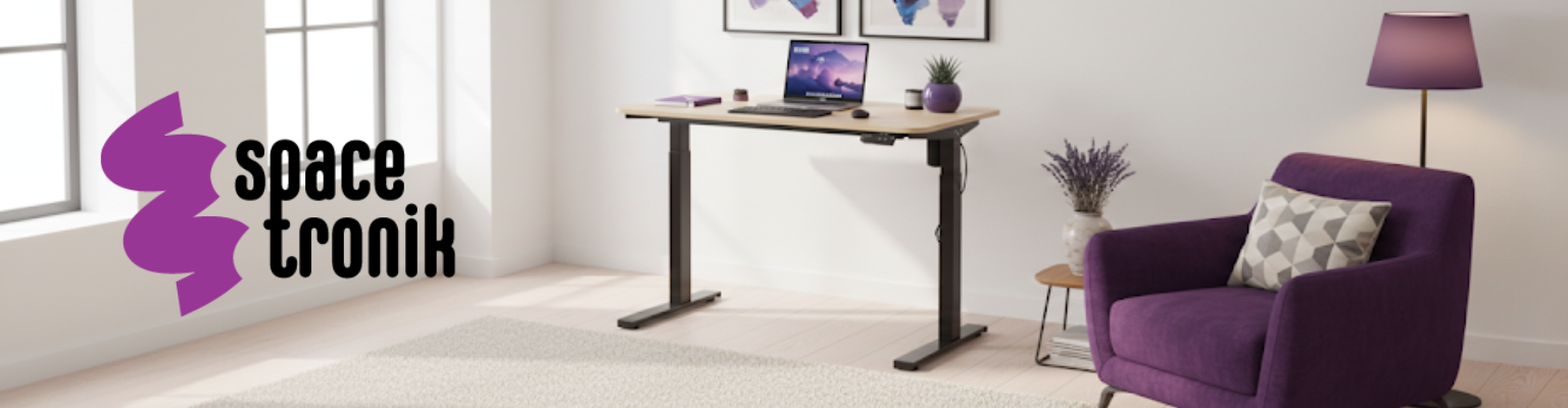 Elektryczne biurko regulowane Spacetronik SPE-152B czarne z blatem 130×65 Dąb Sonoma – antykolizyjne, ergonomiczne, do pracy siedząco-stojącej