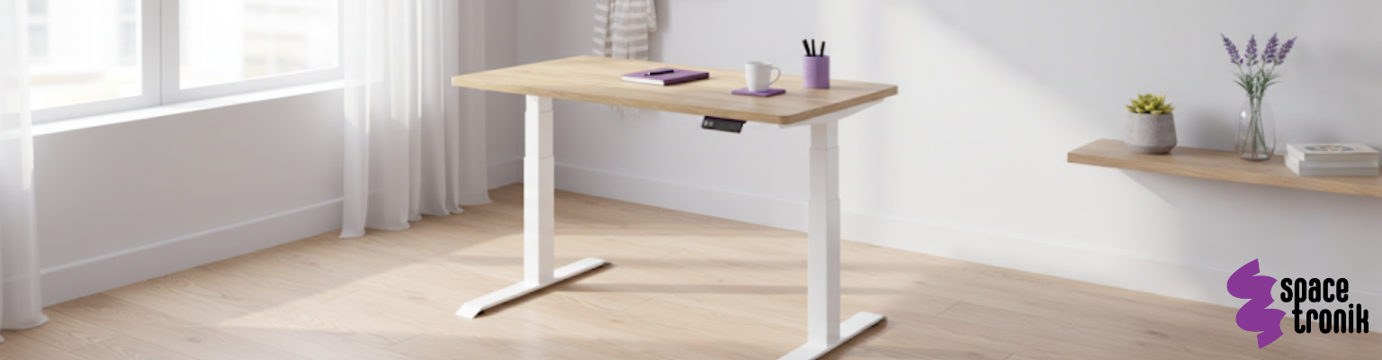 biurko elektryczne Spacetronik SPE-232OW białe z blatem 158x80 drewno retro regulacja 62,5-127,5 cm 140 kg OLED RGB antykolizja